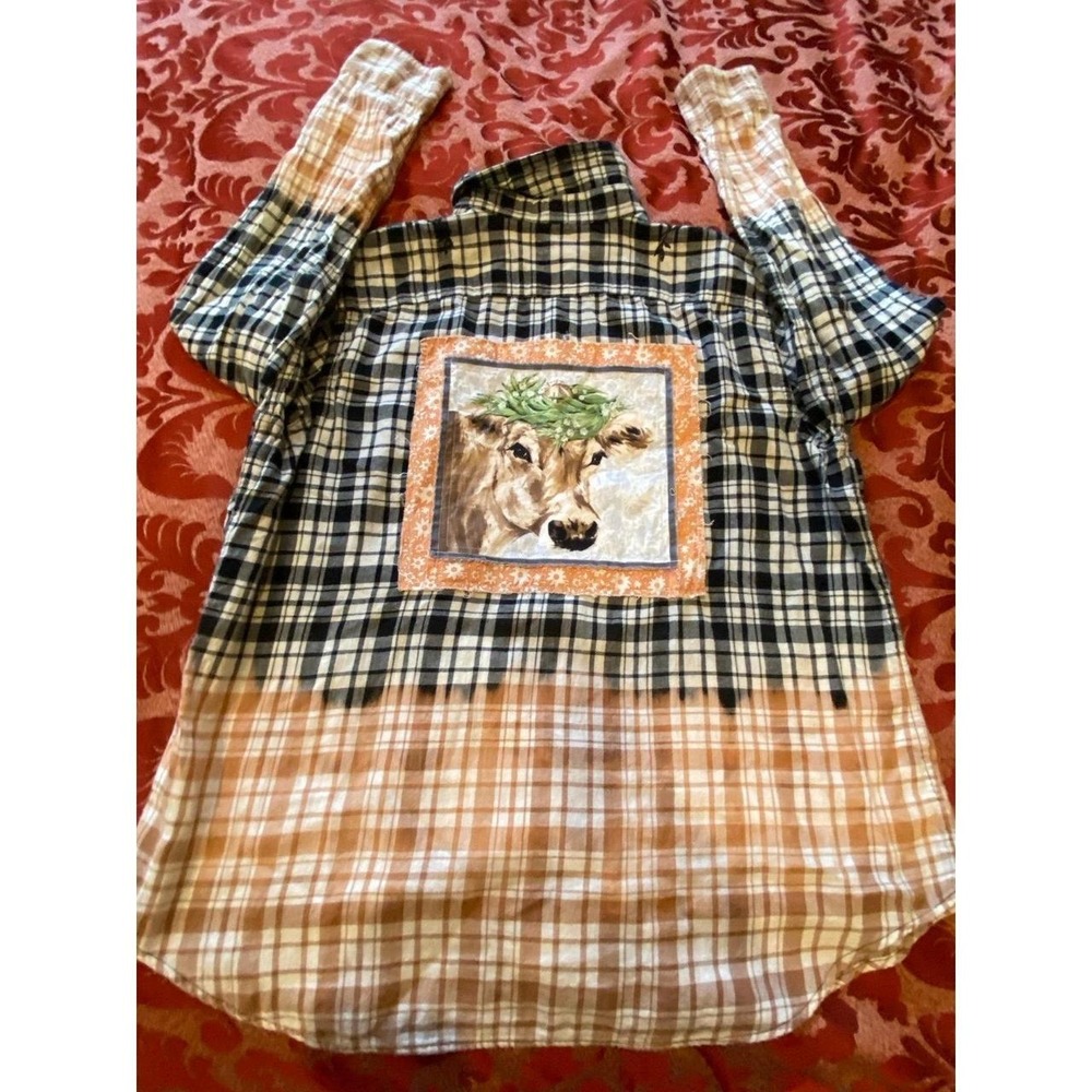 Cow Plaid Button Front Cotton Funky Fun Art To Wear Shirt Embroidered Womens66